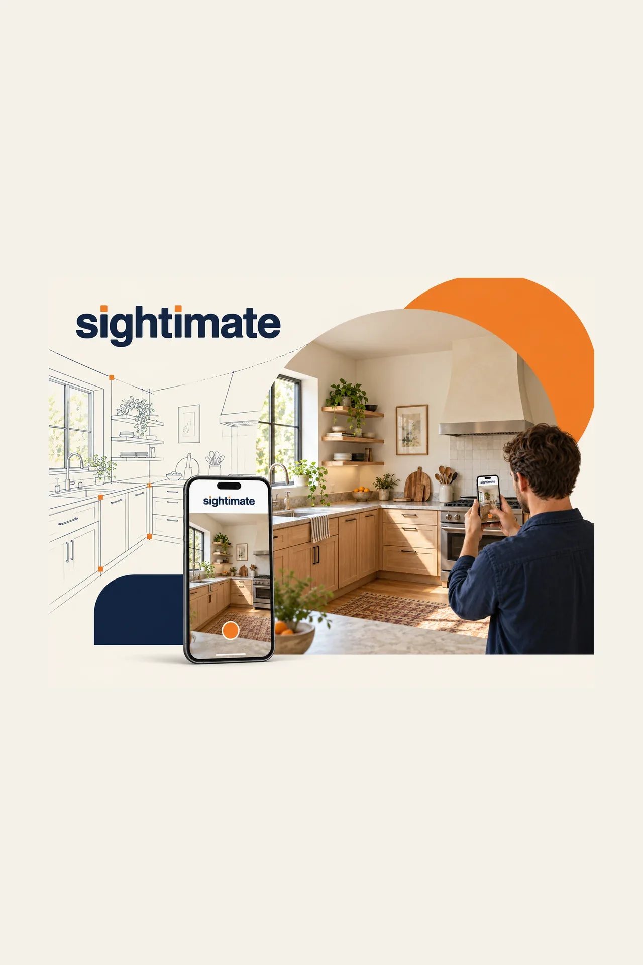 Illustration einer Küchenaufnahme mit Sightimate, mit architektonischen Linien und einer Handyvorschau