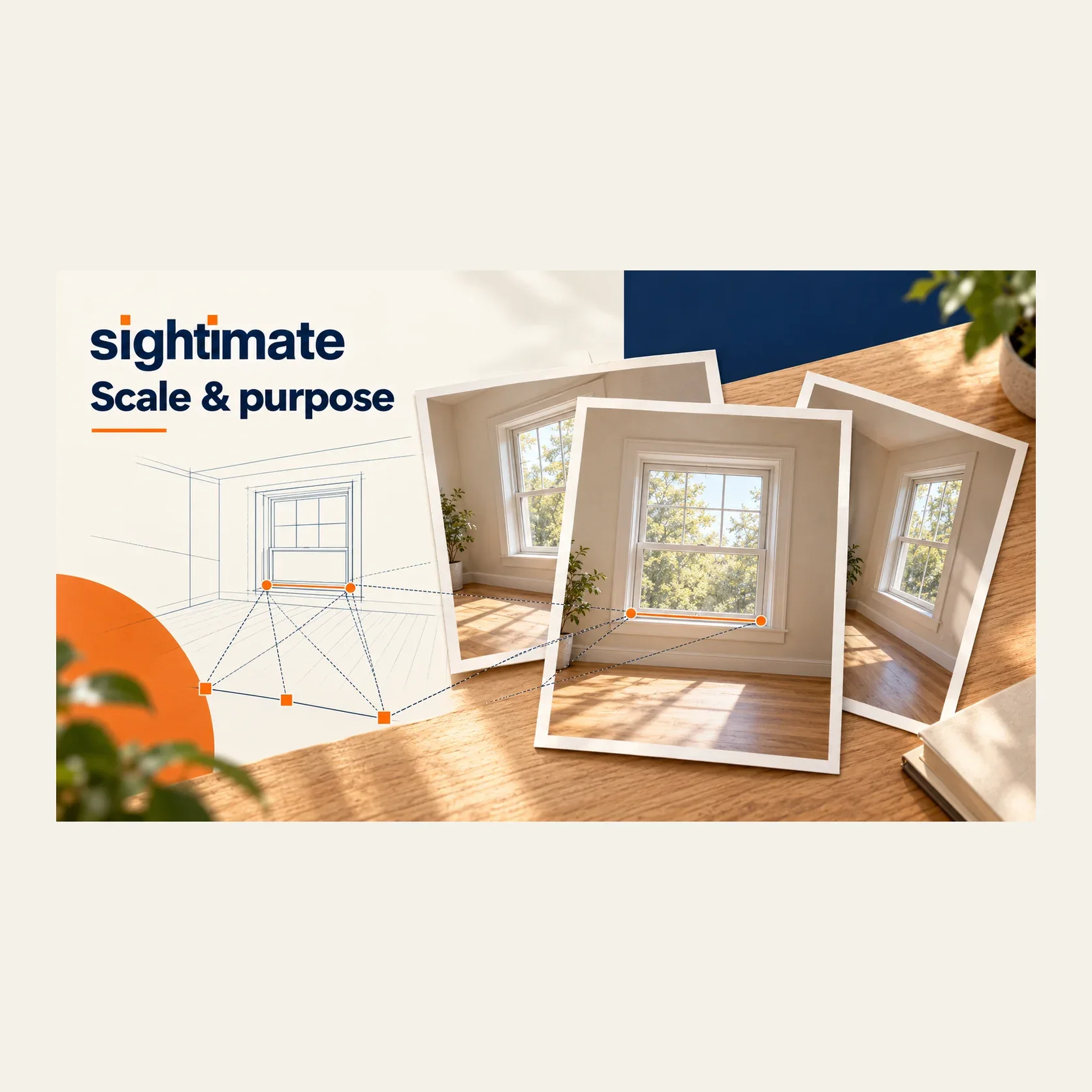 Verschiedene Ansichten eines Fensters, verbunden mit einer Perspektivzeichnung zu Maßstab und Zweck