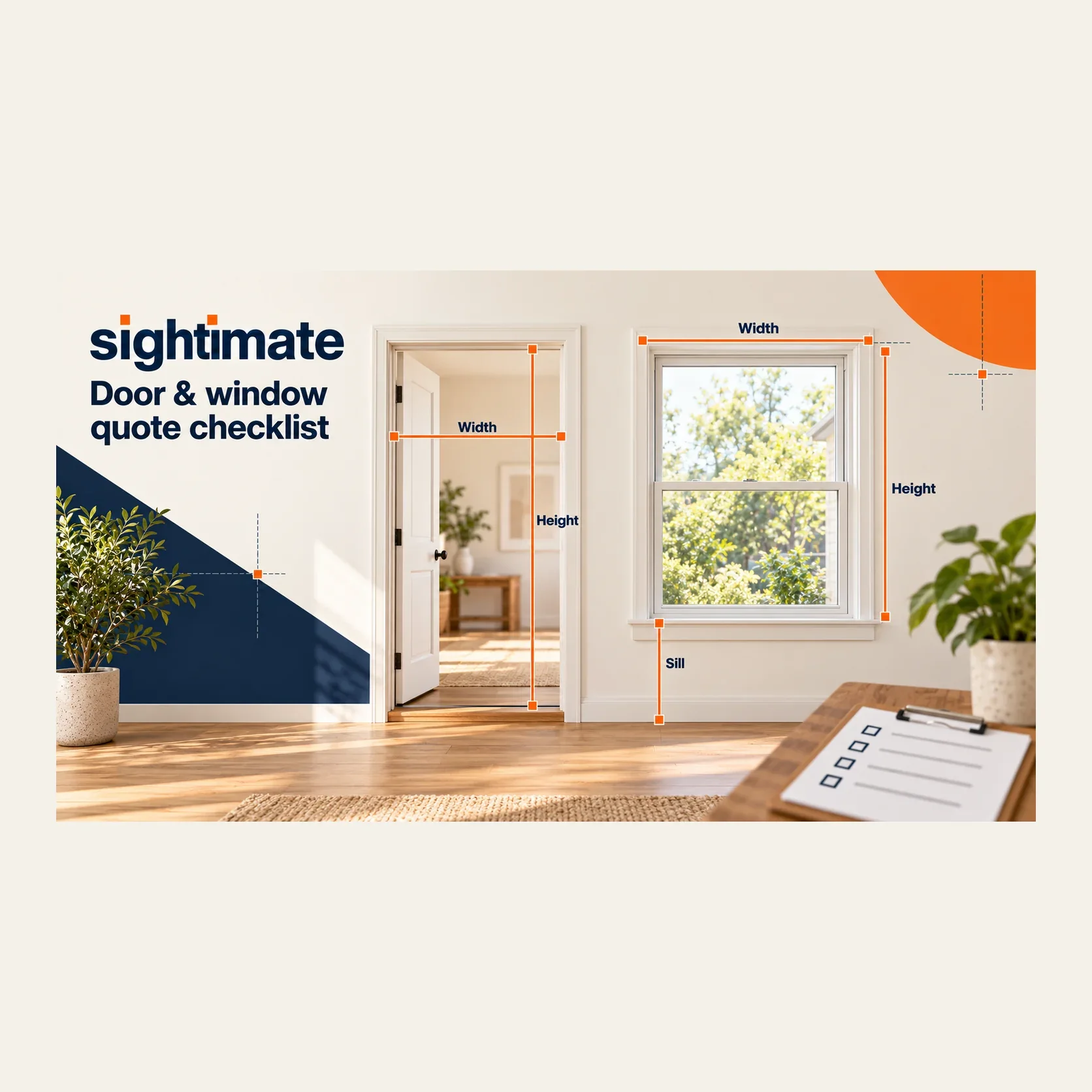Linien für Breite, Höhe und Brüstungshöhe von Tür und Fenster für eine Checkliste zum vorläufigen Angebot